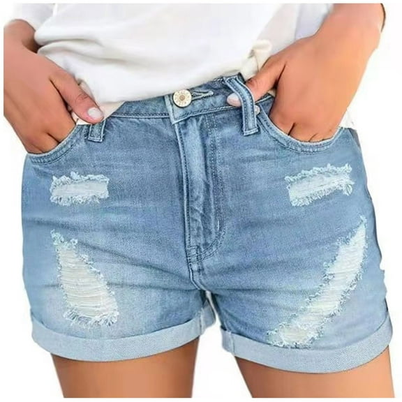 Lenpel Women's Jean Shorts High Waisted Hem Stretchy Distressed Casual Shorts Trendy Shorts with Pockets