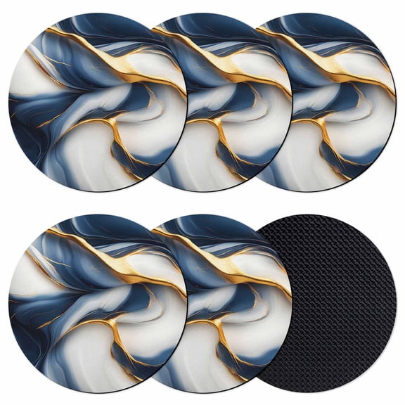 Navy Blue Marble Coasters Set of 6, Gold Modern Art Absorbent Coasters for Drinks, Coaster for Bar Office Dining Coffee Table Accessories Decor, Non Slip Round Desk Coaster