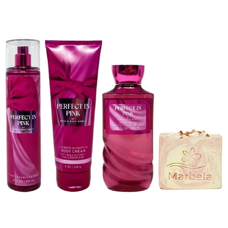 Bath & Body Works Perfect In Pink Trio Gift Set - Body Cream, Fragrance Mist and Body Wash - with a Himalayan Salts Springs Bar Soap - Full Size