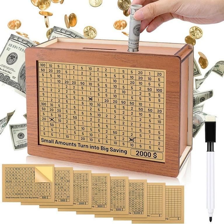 Herrnalise Money Saving Box,Wooden Money Box with Money Target and Numbers,Savings Challenges Money Box with Marker Penfor Adults Kids,5000 Dollar Herrnalise Money Saving Box,Wooden Money Box with Money Target and Numbers,Savings Challenges Money Box with Marker Penfor Adults Kids,5000 Dollar