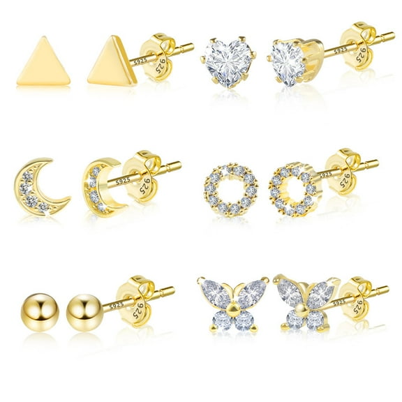 Alexcraft 6 Pairs Stud Earrings for Women 14K Gold/Silver Plated Ball Star Moon Cubic Zirconia Earring Stud Sets Cute Hypoallergenic Small Stud Earring for Multiple Piercing