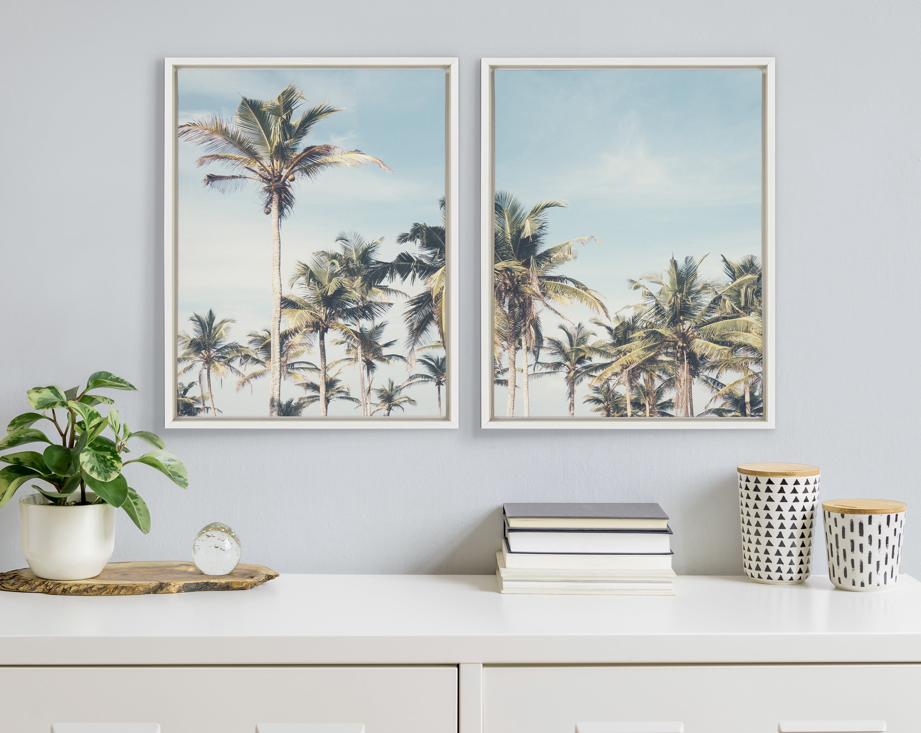 Kate and Laurel Sylvie Coastal Coconut Palm Tree Beach Framed Canvas Wall Art Set by The Creative Bunch Studio, 2 Piece 18x24 White, Coastal Beach Art for Wall
