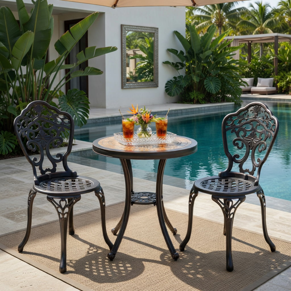 Hommoo 3-Piece All-Weather Cast Aluminum Patio Bistro Set in Copper Finish, Rust-Resistant Outdoor Table & Chairs for Porch, Backyard, Poolside, Brown