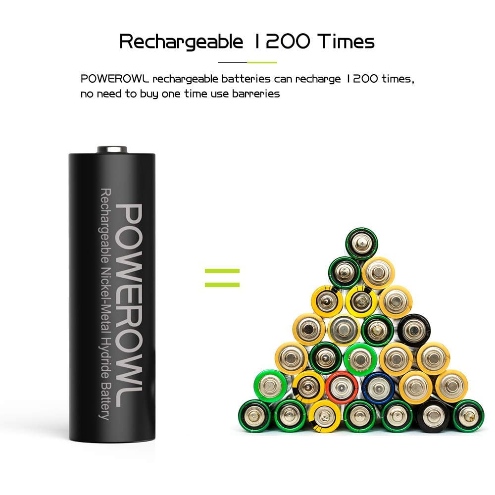 AA AAA Rechargeable Batteries POWEROWL, Pre-Charged High Capacity 2800mAh & 1000mAh 1.2V NiMH Battery Low Self Discharge, Pack of 16
