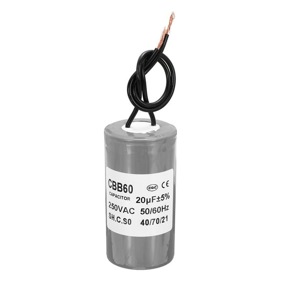 CBB60 20uf Running Capacitor,1Pcs AC 250V 2 Wires 50/60Hz Cylinder Grey 74x38mm for Water Pumps, Washing Machines Motor Start