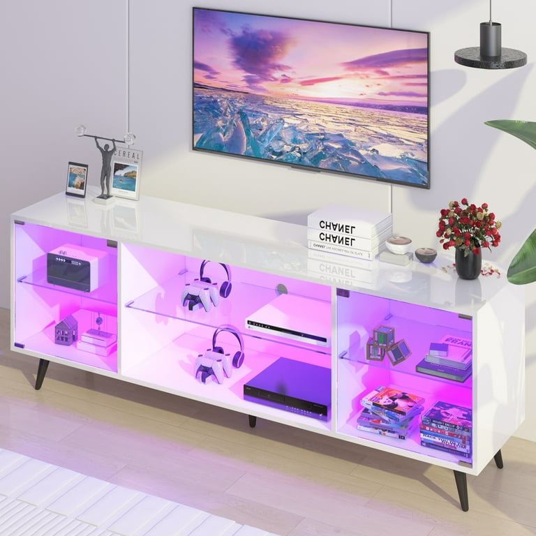 Magic Home 67 in. White Functional Entertainment Center TV Stand Cabinet with Color Changing LED Lights Fit for TV Up to 75 in.