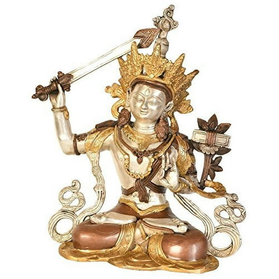 Exotic India Tibetan Buddhist Deity Manjushri Brass Statue, Multi Color