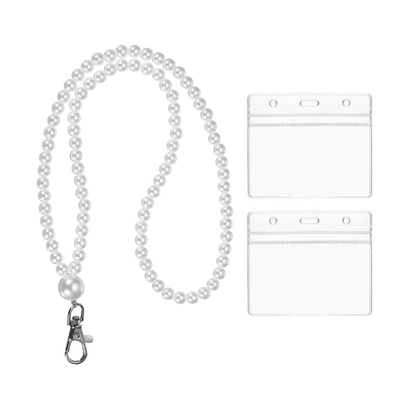 Uxcell Pearl Lanyards for ID Badges, Cute Pearl Keychain Necklace Lanyard with 2 Horizontal Badge Holders for Women Teacher Gift, White