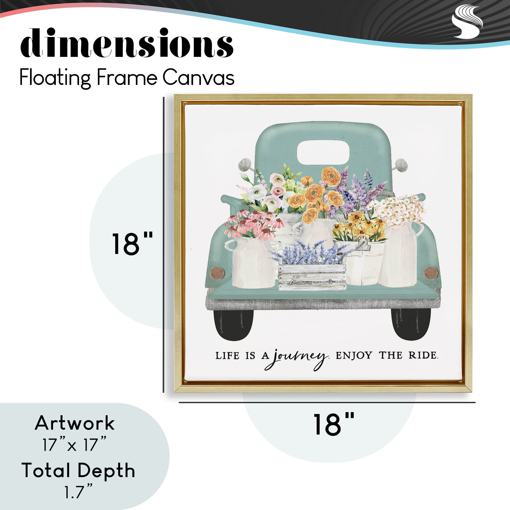Enjoy Ride Floral Truck Gold Framed Floater Canvas Wall Art, design by Lettered and Lined