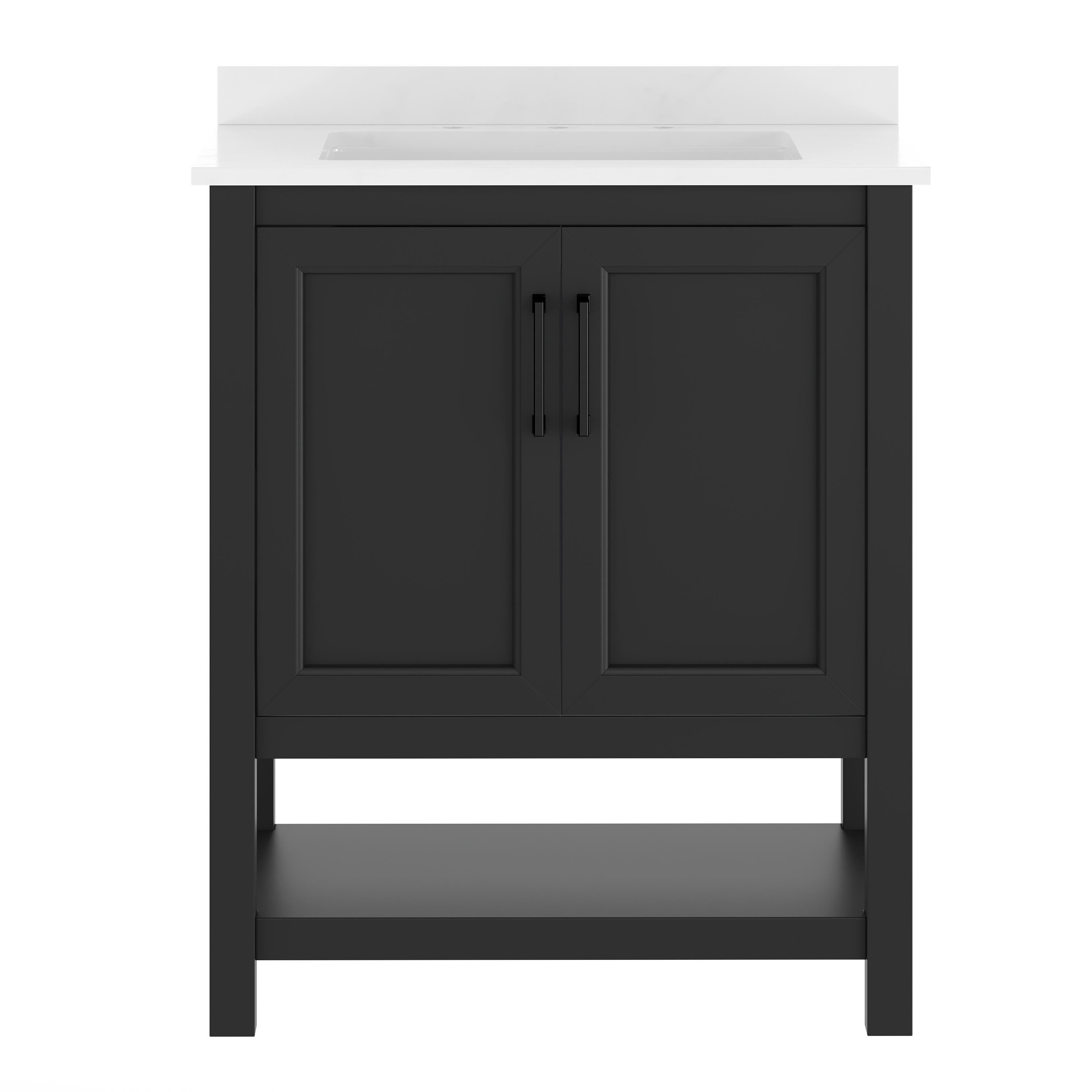 Merrick Lane 30 Inch Bathroom Vanity with Ceramic Sink, Carrara Marble Finish Countertop, Storage Cabinet with Soft Close Doors and Open Shelf in Black/Black