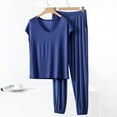 thumbnail image 2 of Bixock Pajamas for Women Set Solid Color V Neck Short Sleeve Long Pants Loungewear Set Loose Casual 2 Piece Pjs Sleepwear for Daily Home Wear, 2 of 5