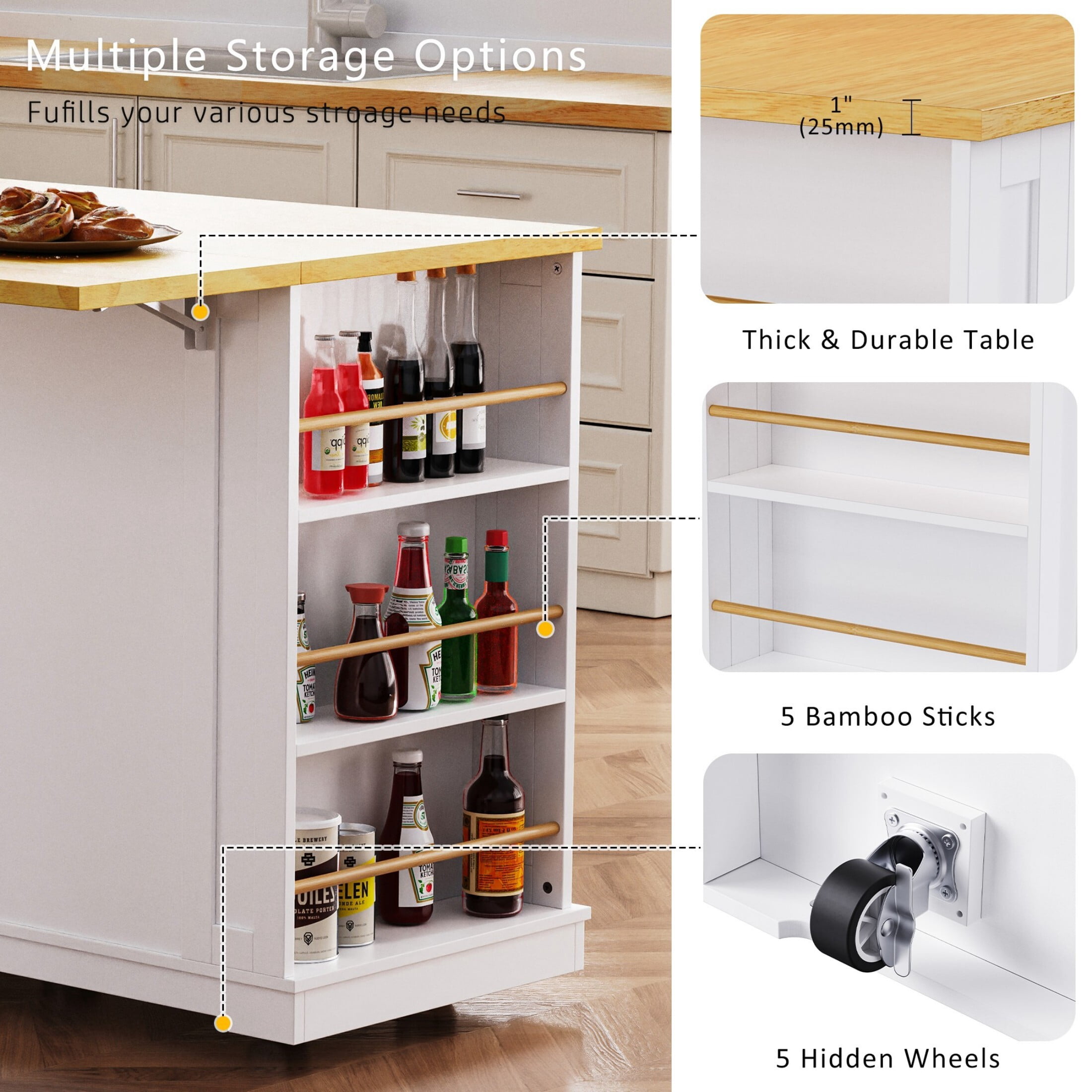 AENKYO Kitchen Island Set with 2 Bar Stools - Mobile Kitchen Storage Cart with Drop-Leaf Tabletop & Built-in Power Outlets for Modern Homes, White