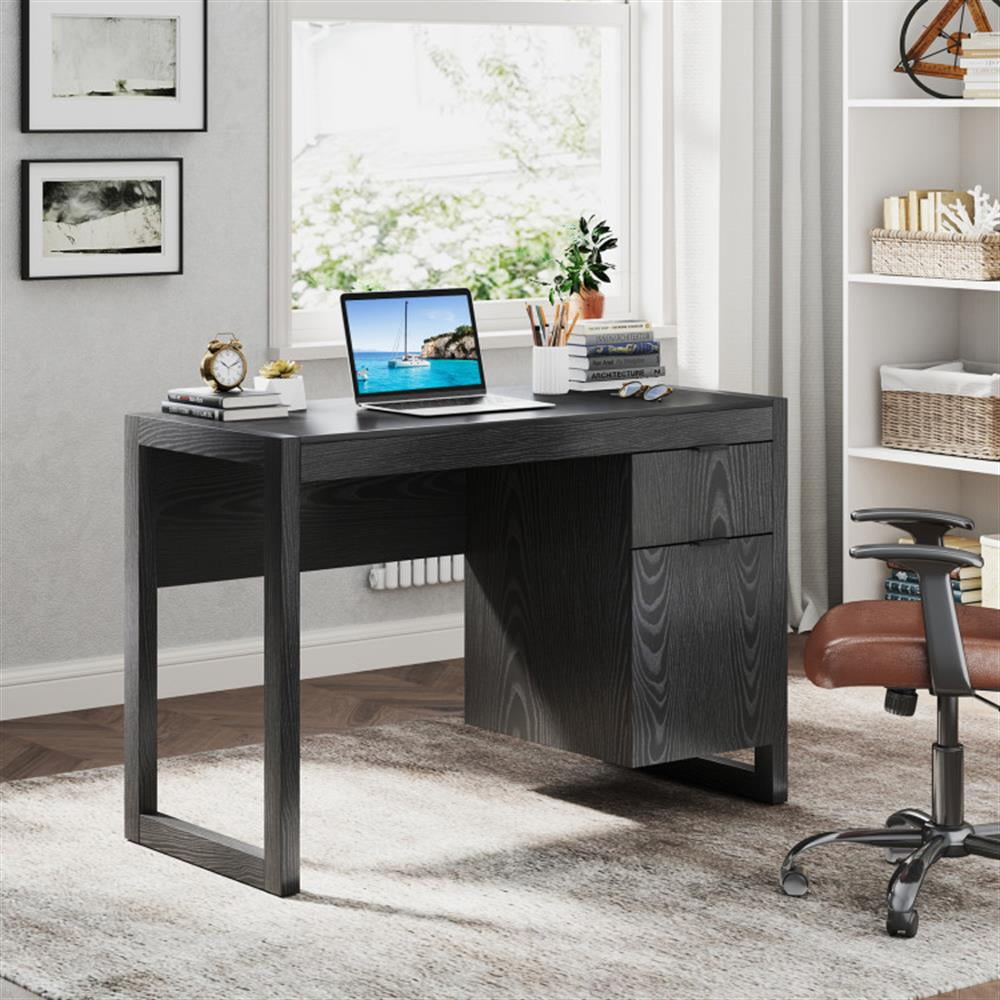 Demi Bonn Modern Computer Desk Workstation with Cabinet and Drawer, Small Home Office Desk Study Writing Table, Black