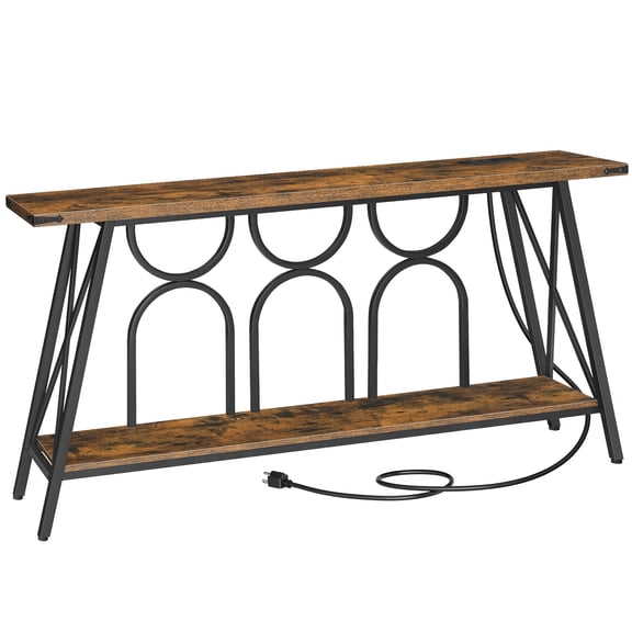 HOOBRO 63” Console Table with Charging Station, Unique Console Table with AC Outlets and USB Ports, Sofa Table, Metal Frame, for Entryway, Hallway, Foyer, Rustic Brown and Black BF124UXG01