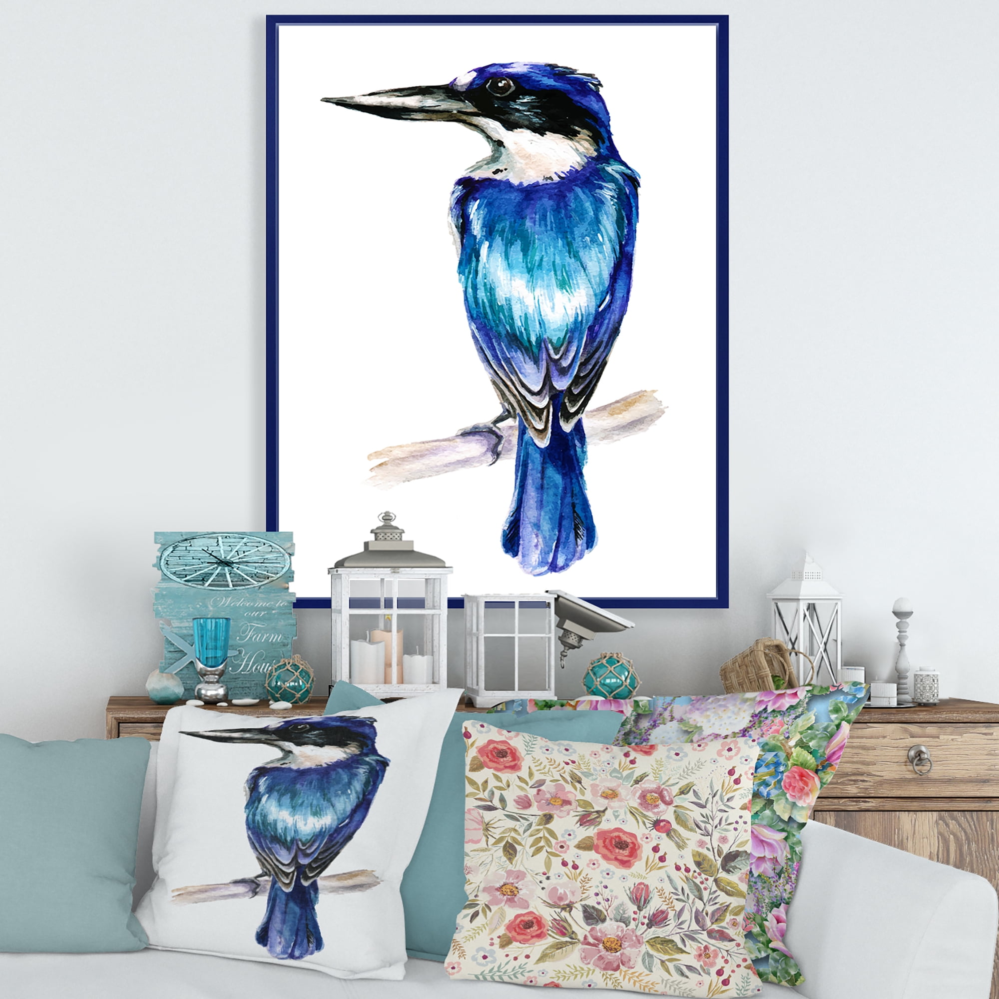 Designart 'Style Blue Kingfisher Bird' Traditional Framed Canvas Wall Art Print