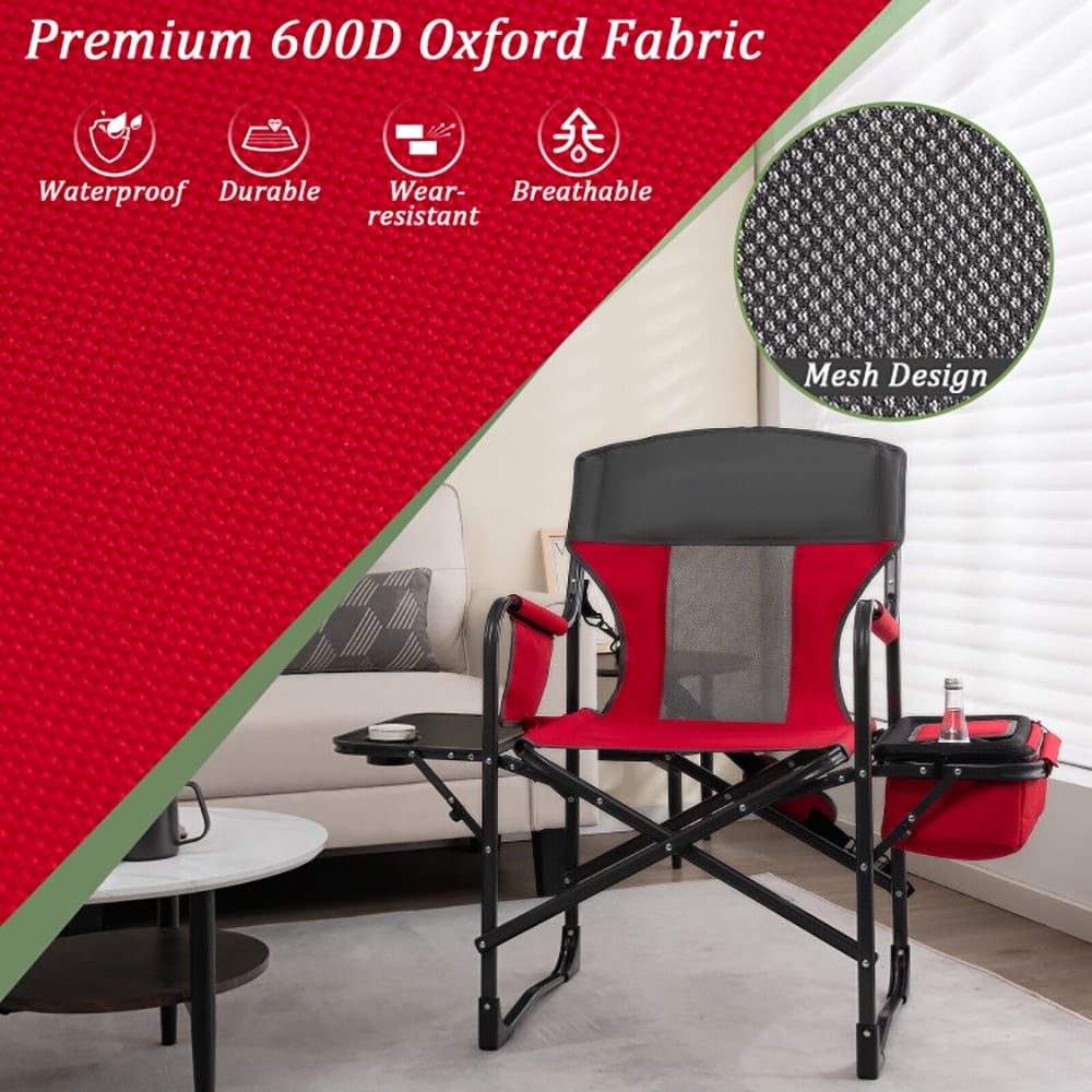 Aimee Lii Folding Camping Directors Chair with Cooler Bag and Side Table, Portable Chairs for Adults, Comfy Outdoor Chair, Red