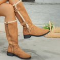 thumbnail image 5 of Women Sherpa Trim Knee High Winter Boots, Metal Buckle Side Zip Suede Tall Boots, Low Block Heel Warm Lined Long Boots Brown 9(42), 5 of 5