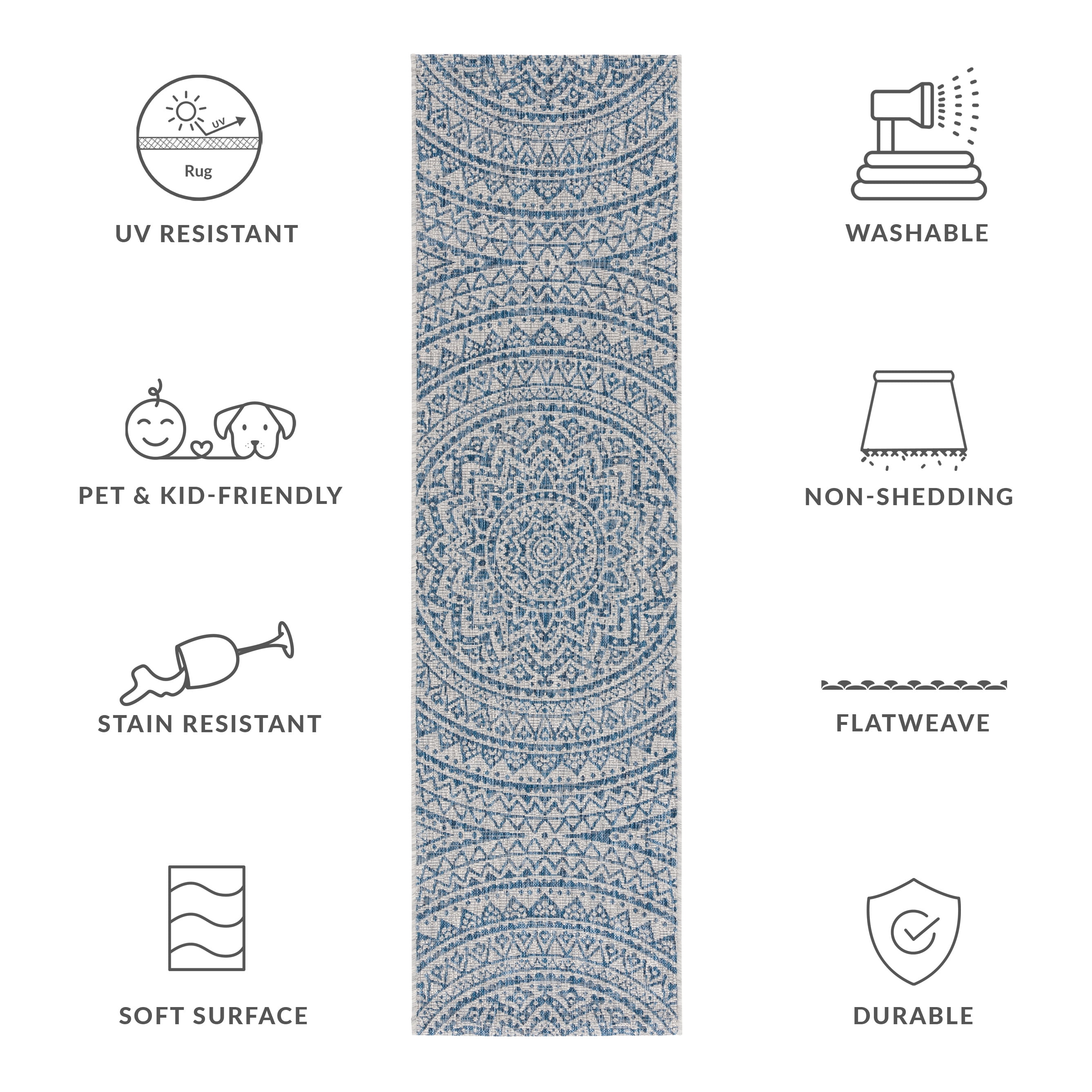SAFAVIEH Courtyard Josiah Floral Medallion Indoor/Outdoor Runner, 2'3" x 8', Light Grey/Blue