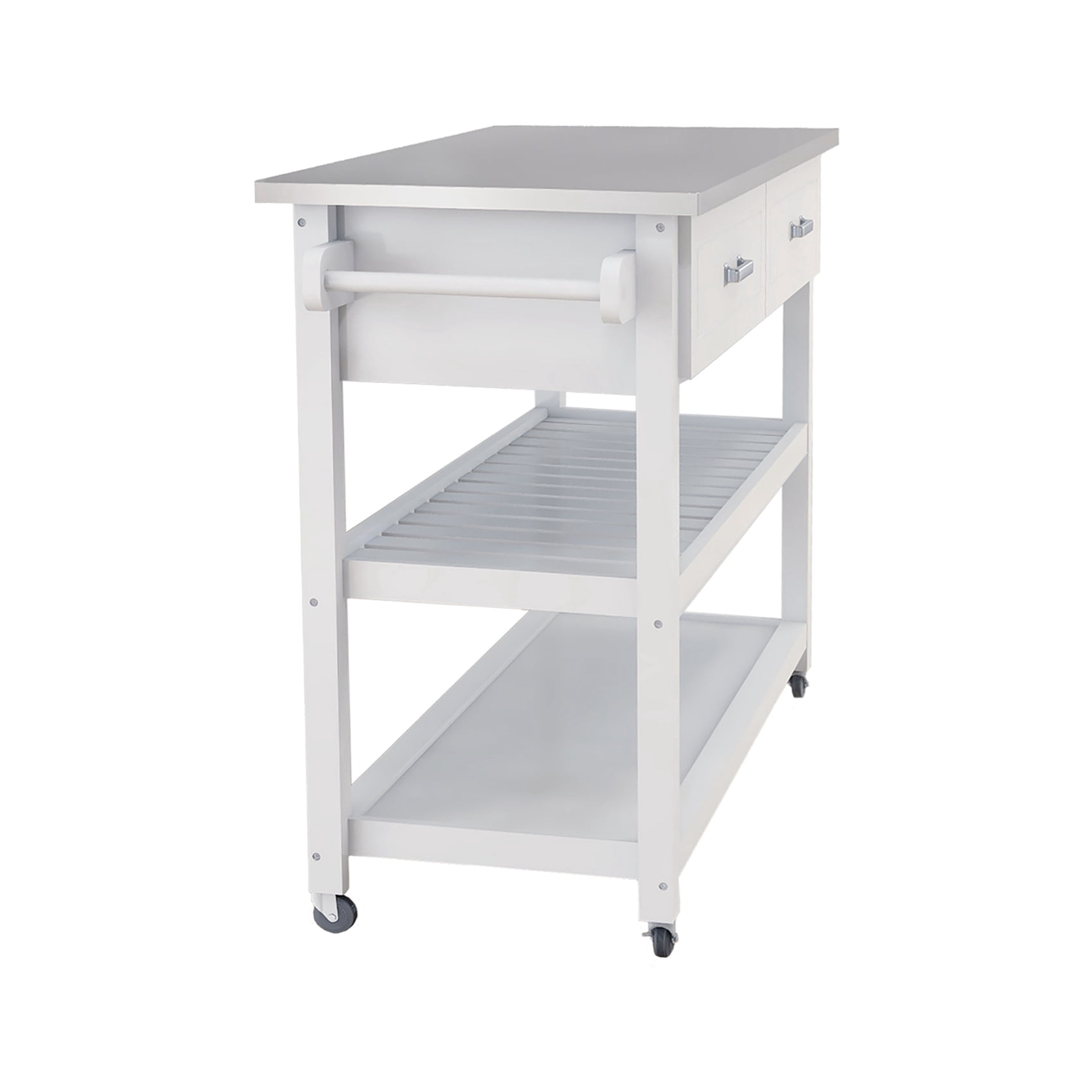Kitchen Island Cart with Stainless Steel Table Top, Kitchen Islan on Wheels with 2 Drawer and 2 Open Shelves, 3 Tier Portable Rolling Kitchen Island with Two Lockable Wheels, Towel Rack, White