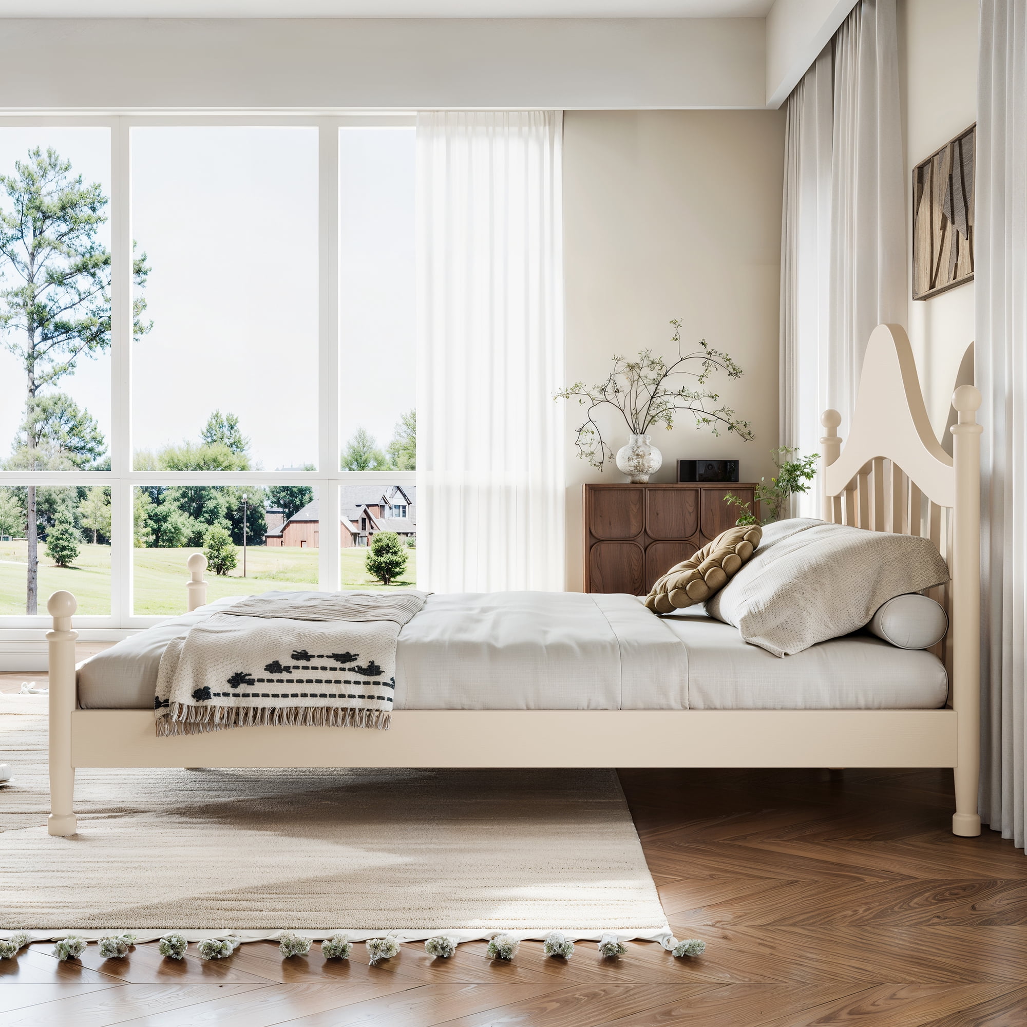 Leumius Queen Size Platform Bed with Chic Headboard, Solid Wood Bed Frame with Slatted Support, Low to Ground Design for Bedroom Beige