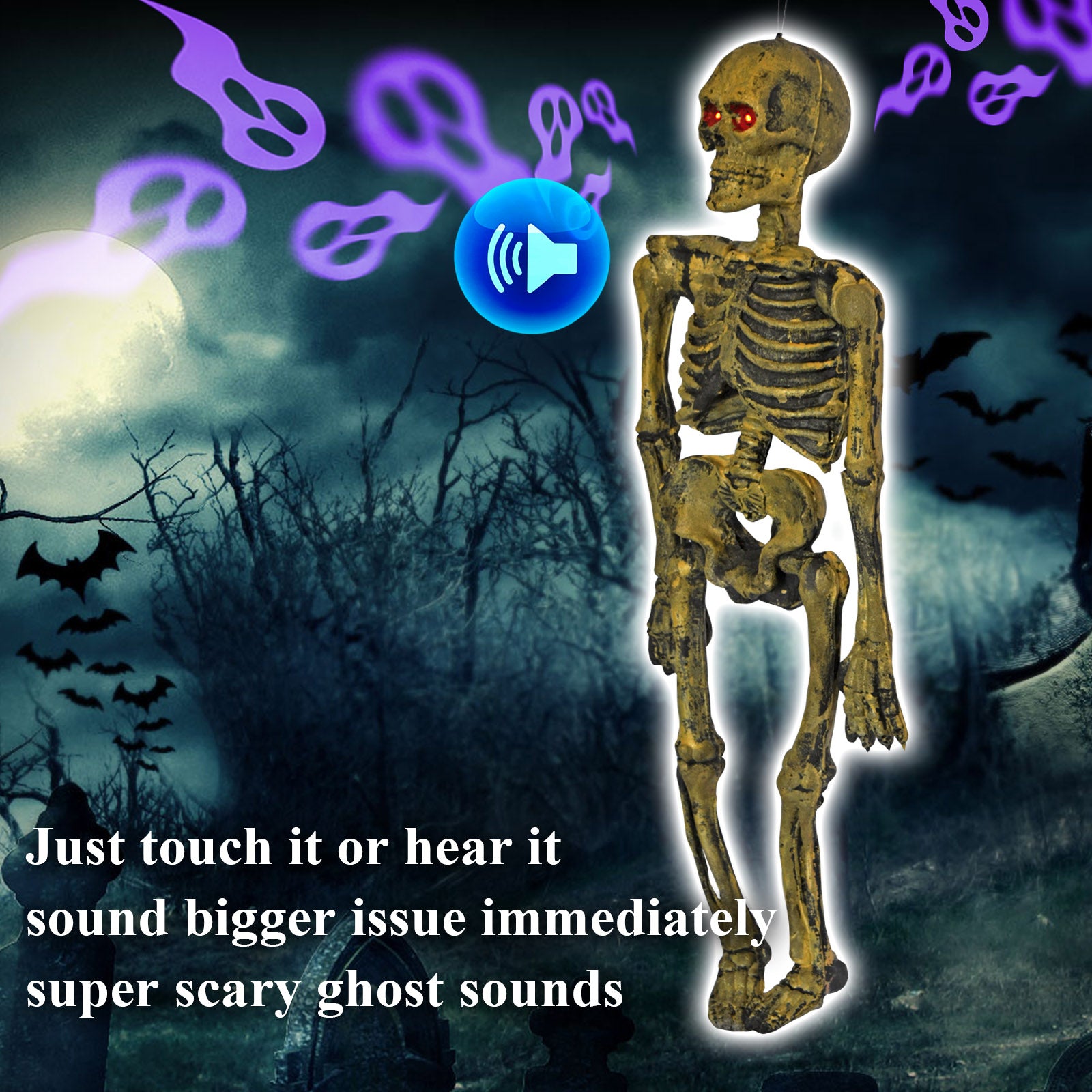 SUNRISEUMBRELLA 26'' Hanging Acoustic Skeleton Ghost Glowing Eyes Scary Sound Halloween Prop Decoration
