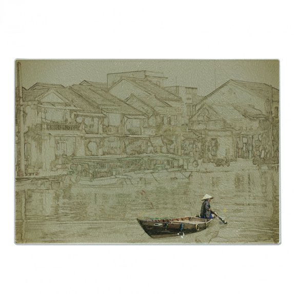 Vintage Boat Cutting Board, Vietnam Scenery with a Traditional Ship Sailing on River Culture View, Decorative Tempered Glass Cutting and Serving Board, Small Size, Sepia Beige, by Ambesonne