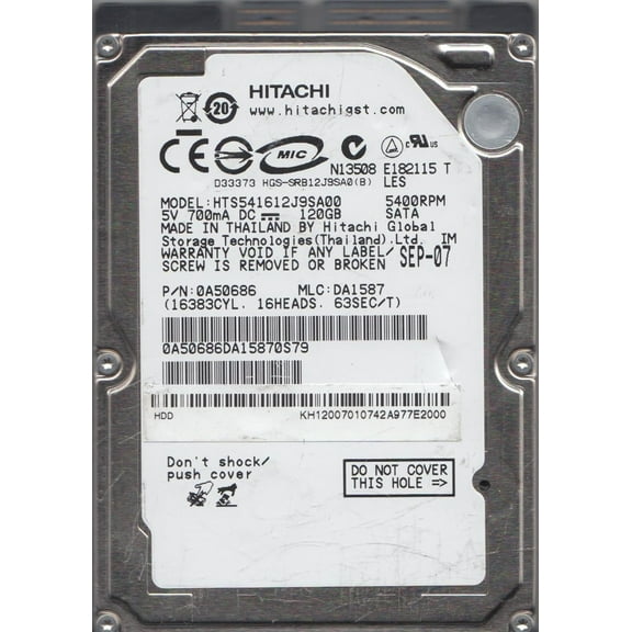 HTS541612J9SA00, PN 0A50686, MLC DA1587, Hitachi 120GB SATA 2.5 Hard Drive