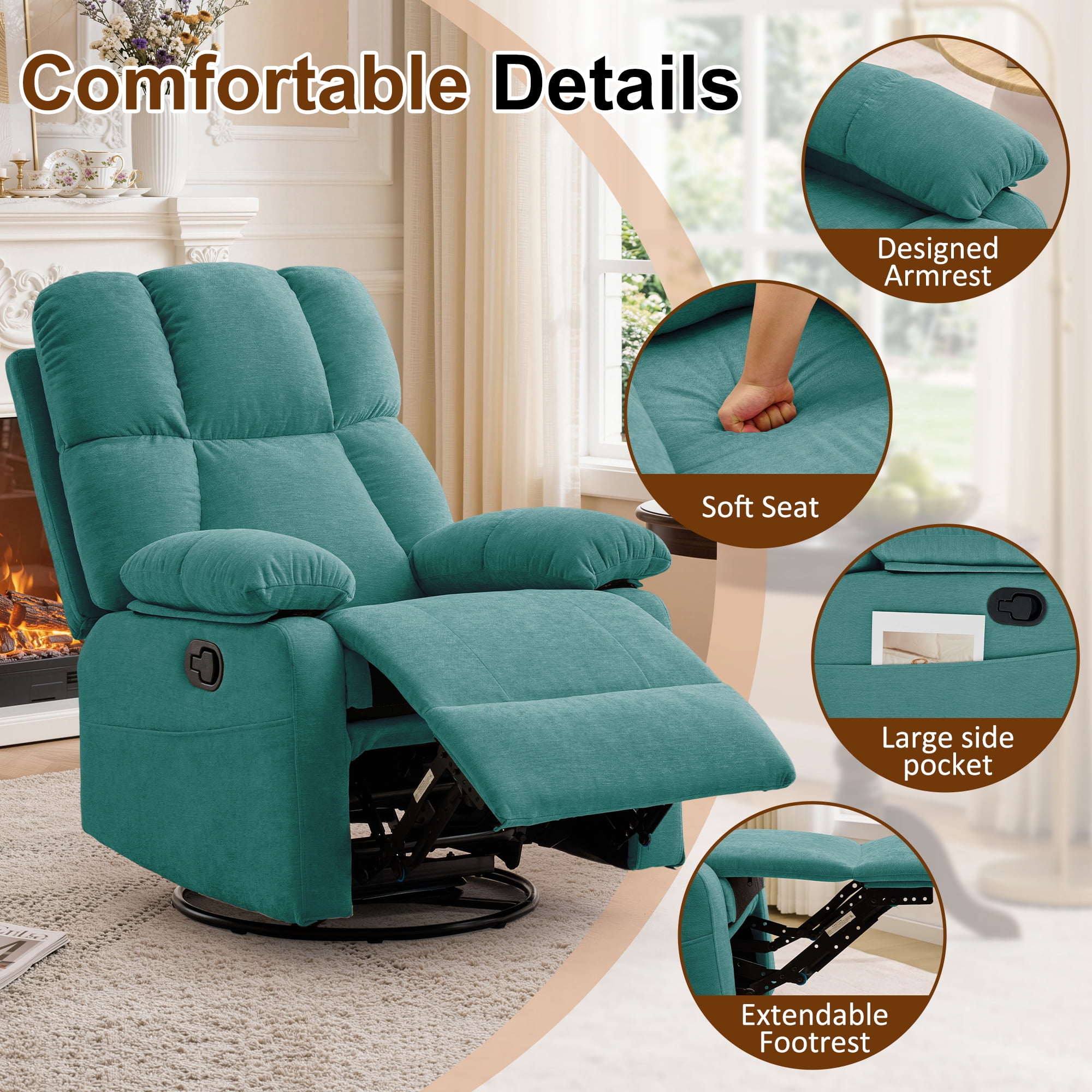 GEEYOO Swivel Rocker Recliner Chair for Adults,360°Swivel Nursery Recliner with Side Pockets,Small Recliner Chair for Small Spaces for Living Room,Linen,Green
