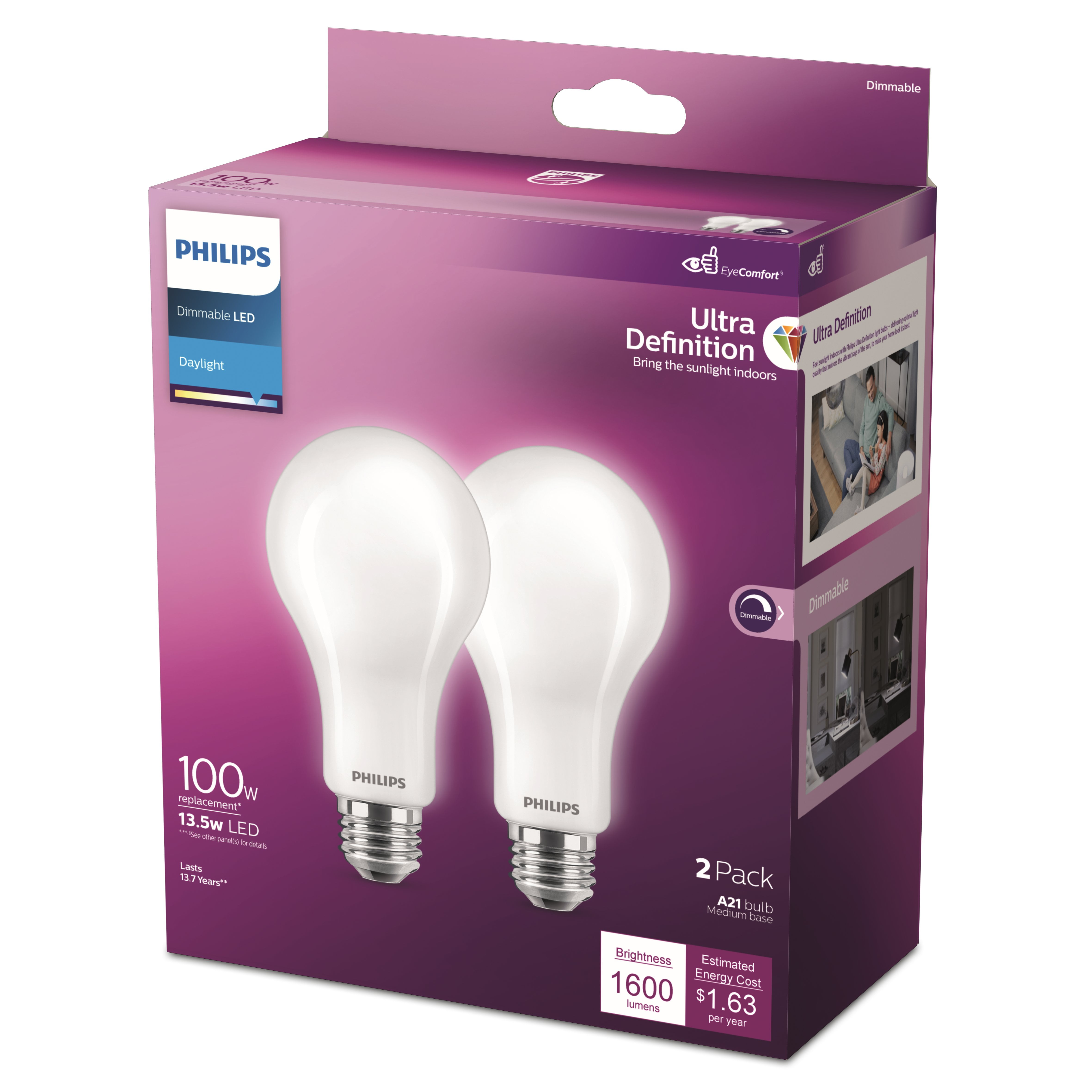 Philips Ultra Definition LED 100-Watt A21 Light Bulb, Frosted Daylight, Dimmable, E26 Base (2-Pack) - Walmart.com