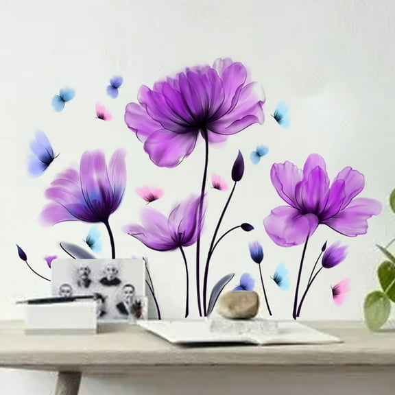 Jlong Gaint Removable 3D Nusery Flower Wall Decals DIY Romantic Purple Floral Wall Sticker Murals Flowers Art Decor for Kids Girls Teens Bedroom Office Living Room Home Wall Decoration