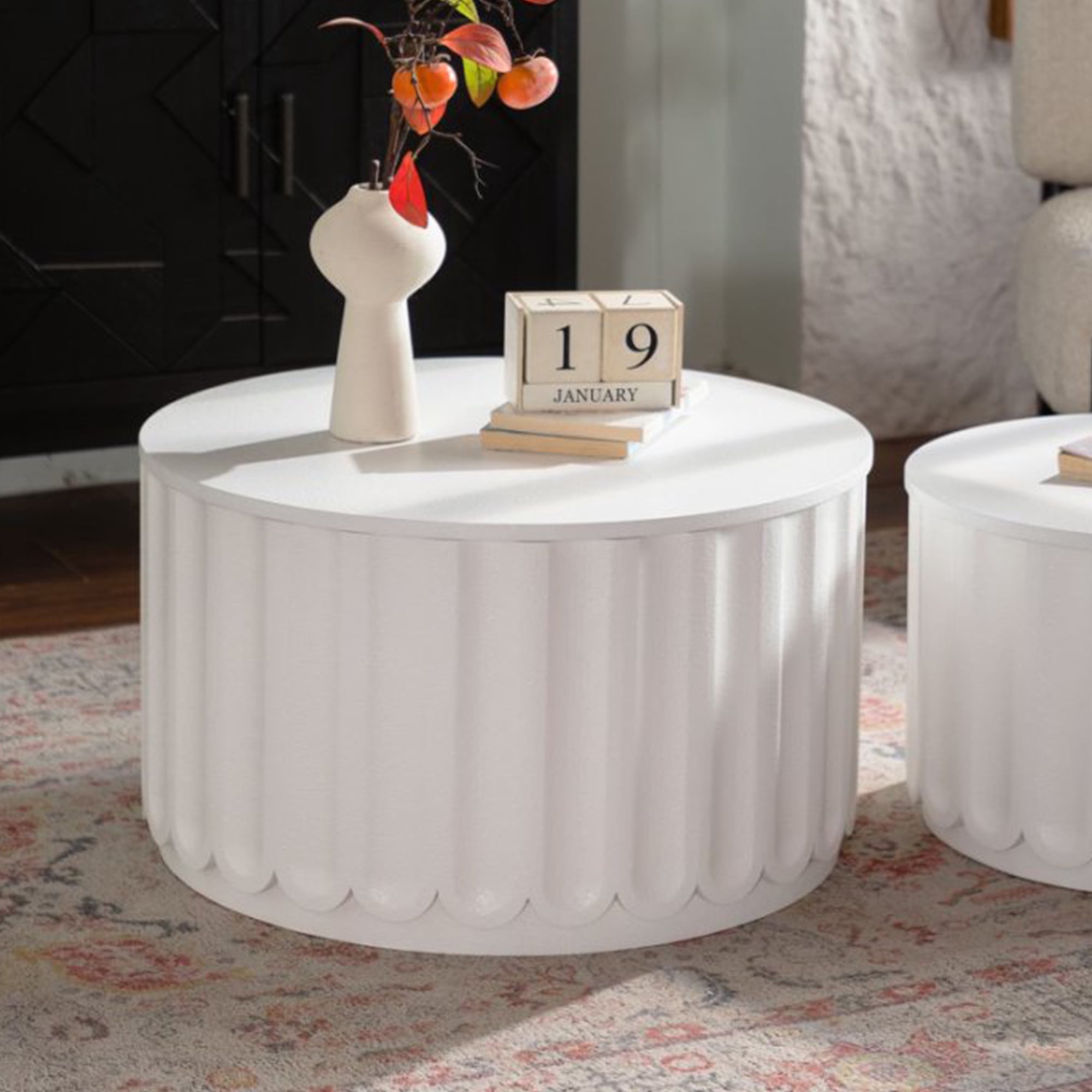 Leumius White Round Storage Table Set with Lift-Off Lid, Nesting Design, Elegant Curved-Edge Shape for Living Room Apartment