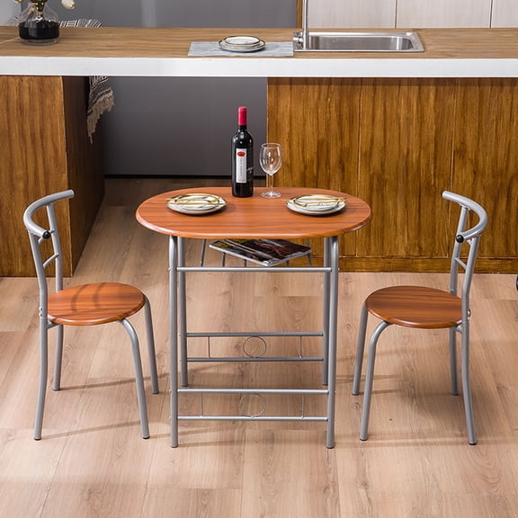 Dining Table Set for 2, 3 Pieces Small Breakfast Table Set w/ Wood Top & Metal Frame,Brown Simple Bistro Pub Set with Storage Rack for Home Kitchen Dining Room