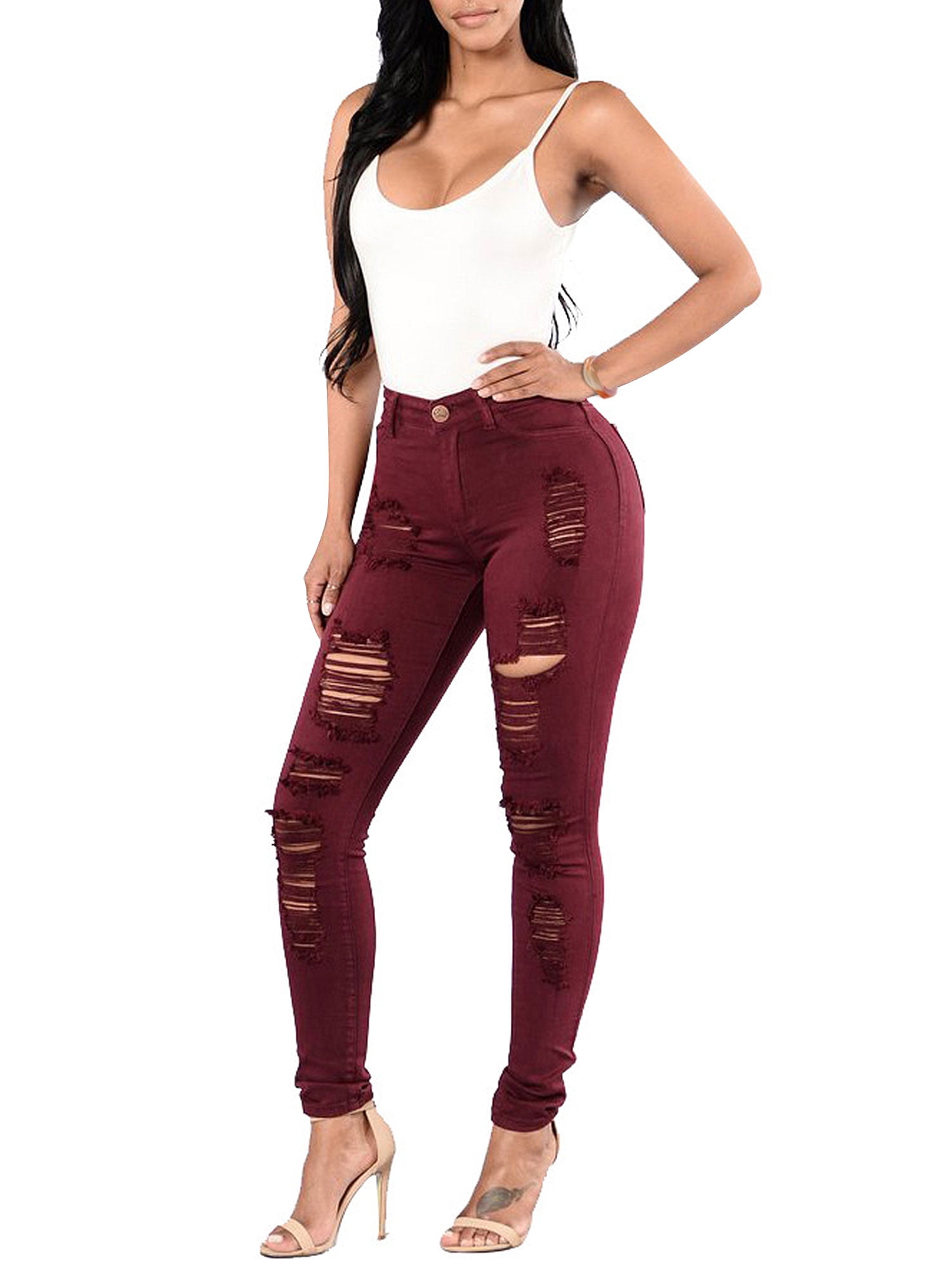 maroon ripped skinny jeans