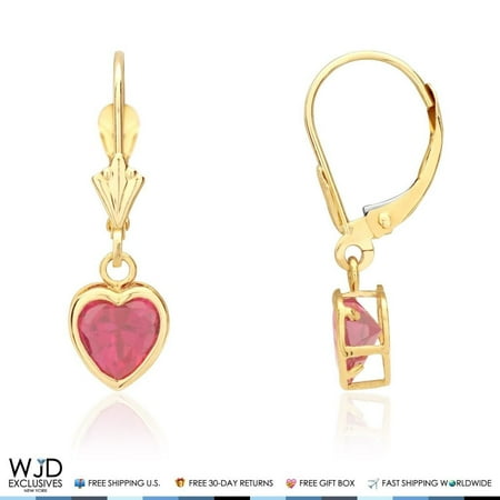 Heart Shaped Ruby Earrings - 14K Solid Yellow Gold Bezel Set Heart Shaped Ruby Dangle Lever Back Earrings 1