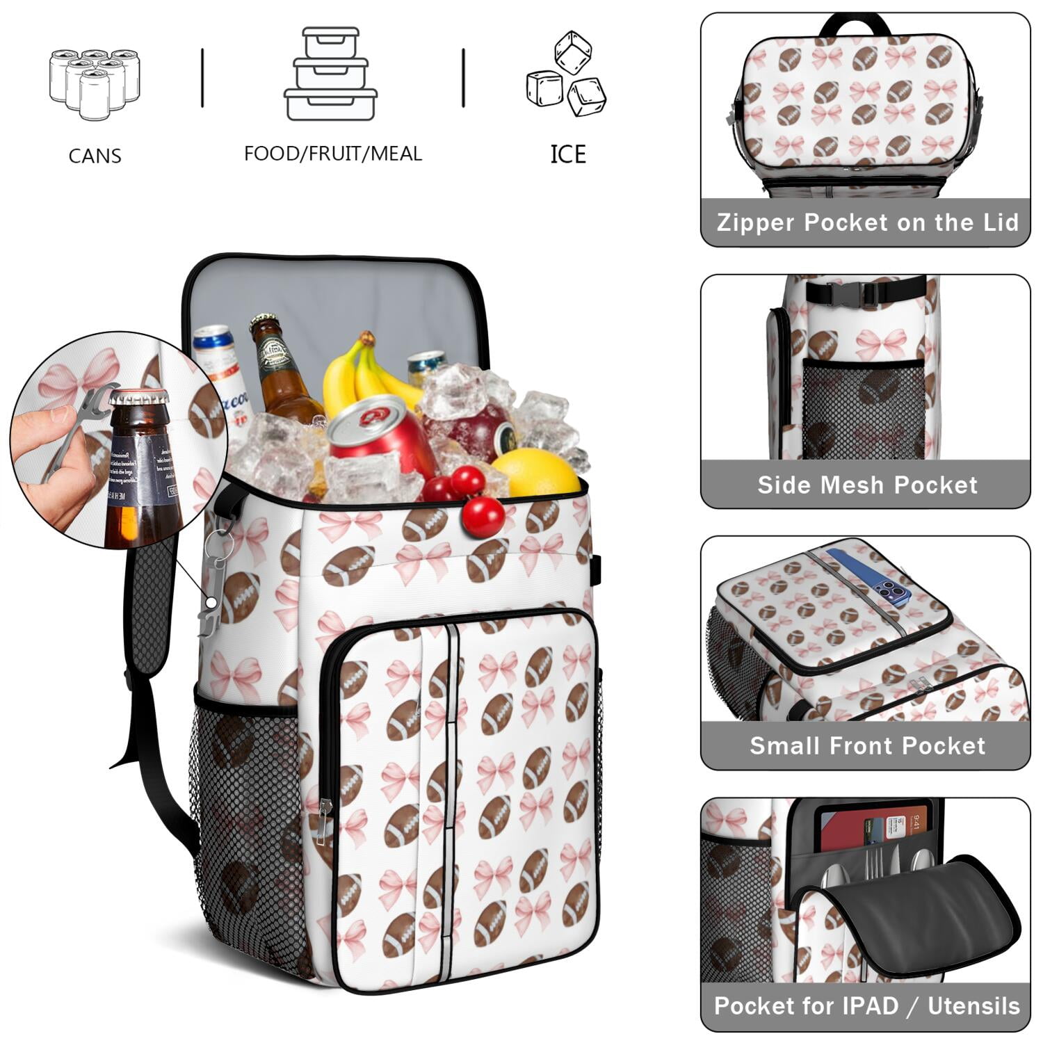 Travel Cooler Bag - Baseball Bows Pattern Camping Beer Cooler Backpack with Bottle Opener- Waterproof Insulated Picnic Backpacks - Cooler Bag for Beach
