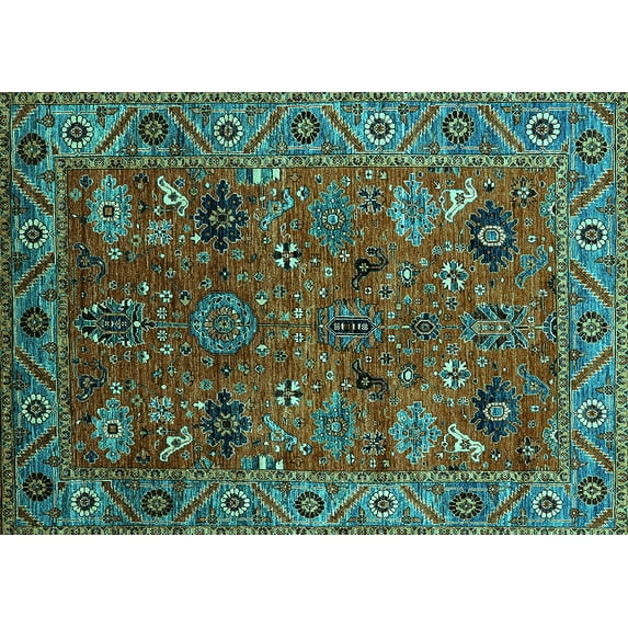 Ahgly Company Machine Washable Indoor Rectangle Oriental Turquoise Blue Traditional Area Rugs, 7' x 9'