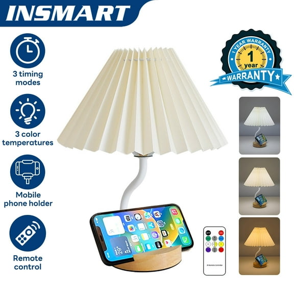 INSMART Pleated Table Lamp,Nightstand Lamp with Phone Holder,3 Color Remote Control,Modern Desk Lamp with Timer and Detachable Shade,Soft Lighting for Home Office Decor
