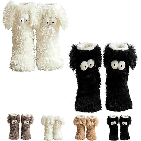 Muffle Friends Cozy Socks for Women - Winter Warm Fuzzy Non-Slip Slipper Socks with Cute Big Eyes, Thick Fleece Indoor Home Socks(black&white)-yj