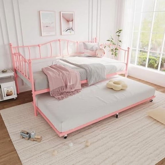 Pink Metal Twin Daybed with Pull Out Trundle and Headboard, Steel Slat Support Sofa Bed Frame, Multifunctional Rest Furniture for Living Room Bedroom Guest Room