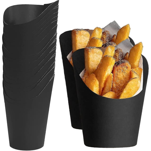 50pcs Black Charcuterie Cups, 14oz - Take-Out French Fries Holders, Disposable Cups for Wedding Food Trays, Paper Cones for Food