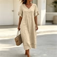 thumbnail image 6 of Vivianyo HD Women's V-Neck Fringe Trim Maxi Dress, Short Ruffle Fringe Sleeve Solid Linen Blend Loose Casual Summer Dresses for Women Vacation, Women's Beige, Sizes S-2XL, 6 of 7