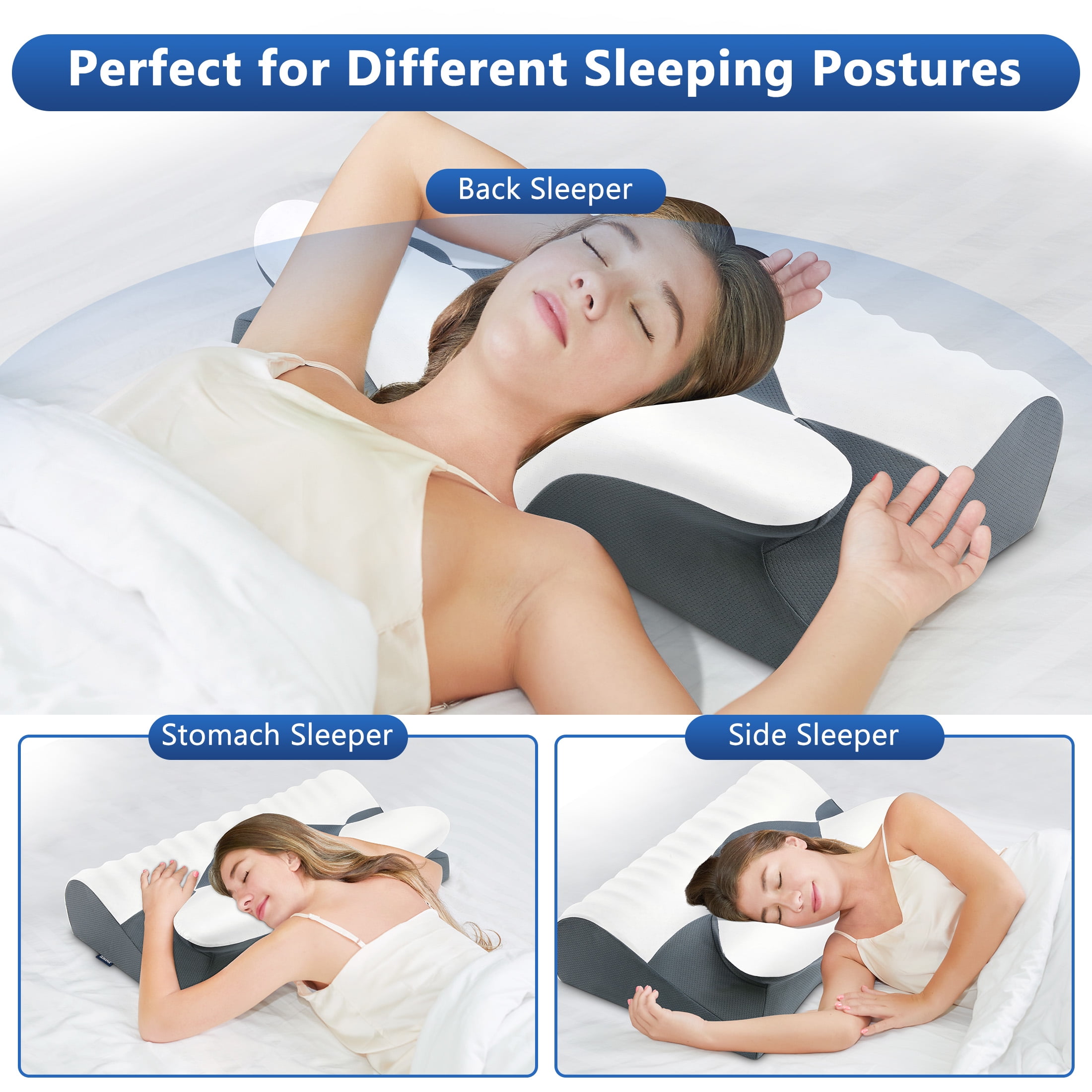 DONAMA Cervical Neck Pillow for Pain Relief Sleeping,Memory Foam Pillow with Breathable Pillowcase,Orthopedic Ergonomic Contoured Support for Side,Back and Stomach,Queen Size 23.62"×14.17"×4.72" Gray