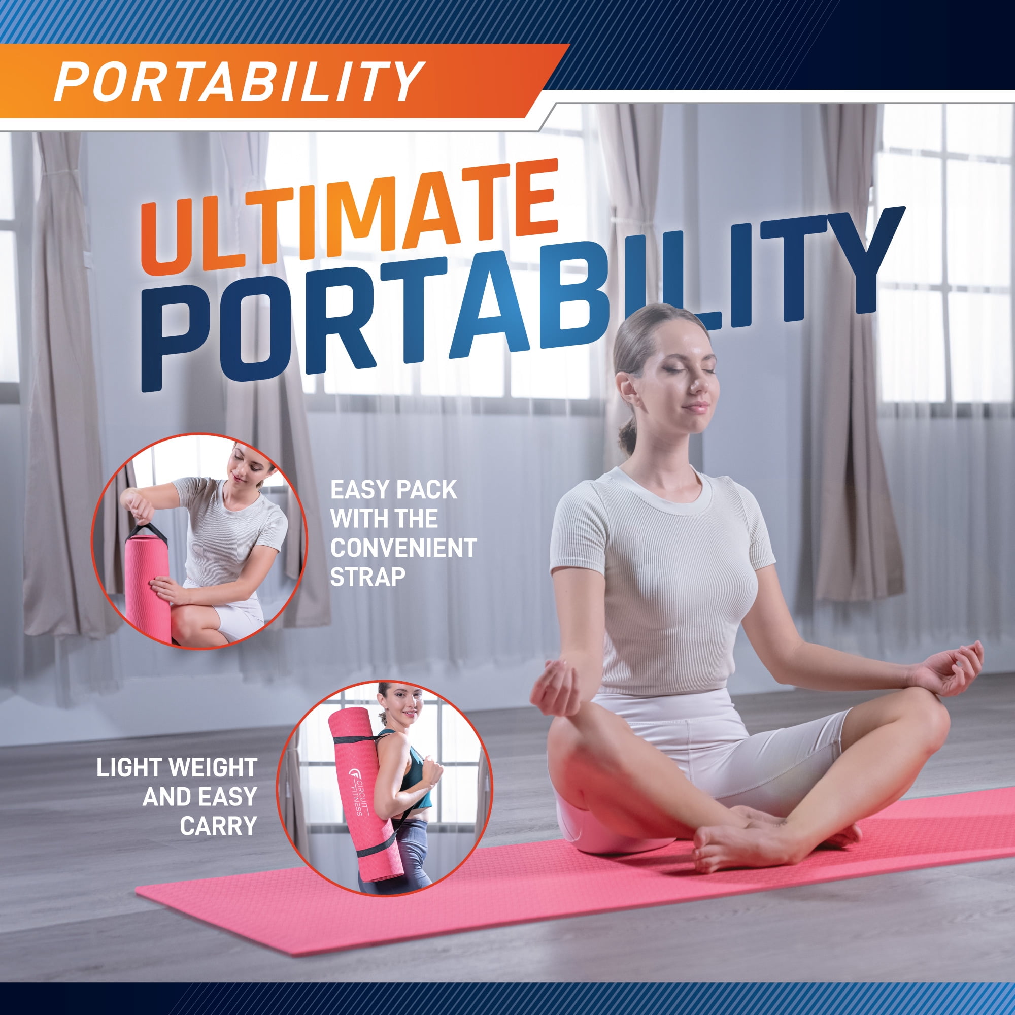 Circuit Fitness by Marcy Non-Slip Multi-Purpose Exercise Yoga Mats with Carrying Strap 1/4" Thick MAT-06-ORANGE
