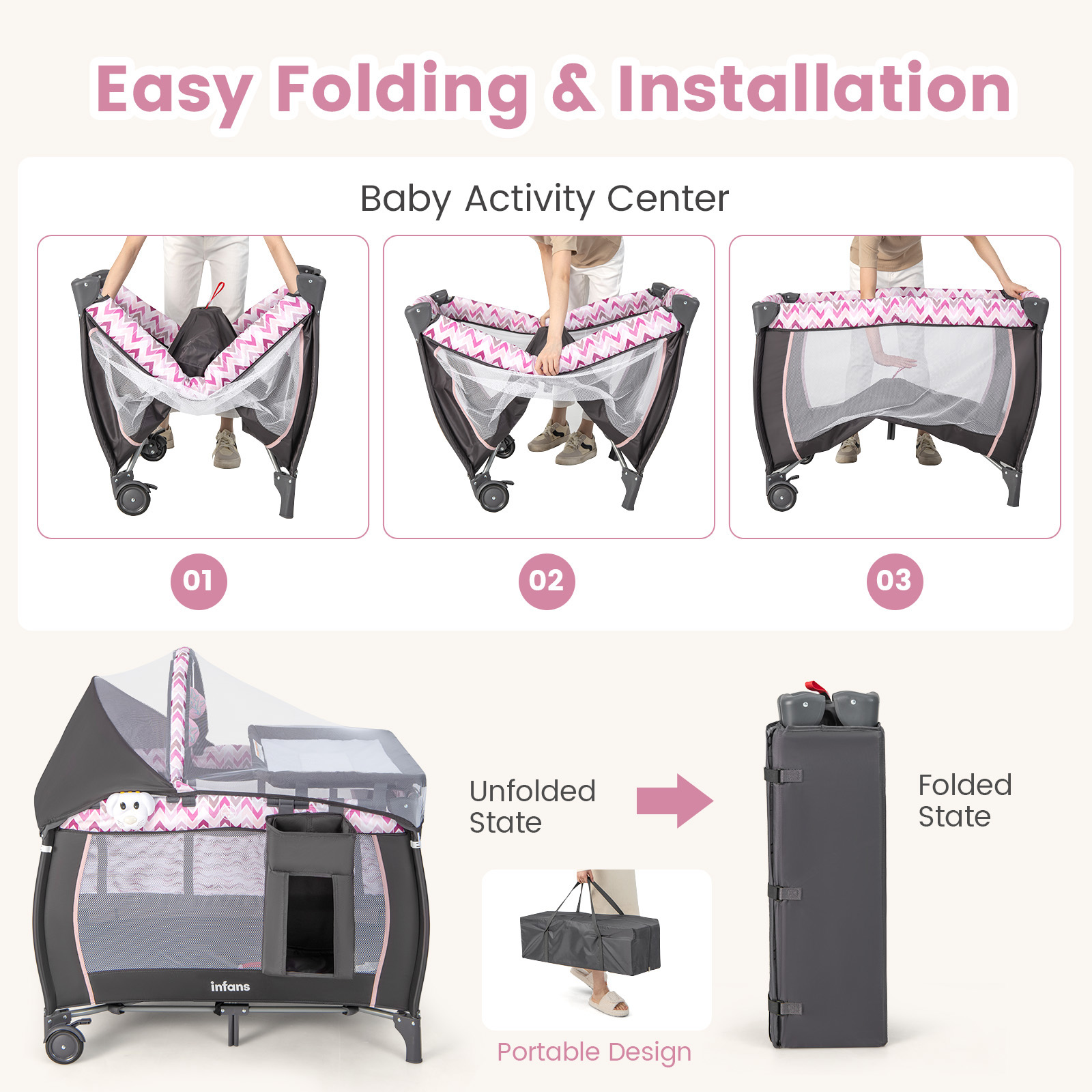 OLAKIDS 4 in 1 Pack and Play, Portable Travel Baby Playard with Bassinet, Changing Table, Canopy, Mosquito Net, Hanging Toys, Music Box, Storage Bag, Large Playpen from Newborn to Toddlers
