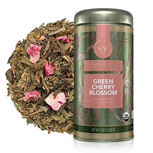 Teabloom Organic Green Tea, Green Cherry Blossom Loose Leaf Tea, USDA Certified Organic, Fresh Whole Leaf Blend in Reusable Gift Canister, 2.82 oz/80 g Canister Makes 35-50 Cups