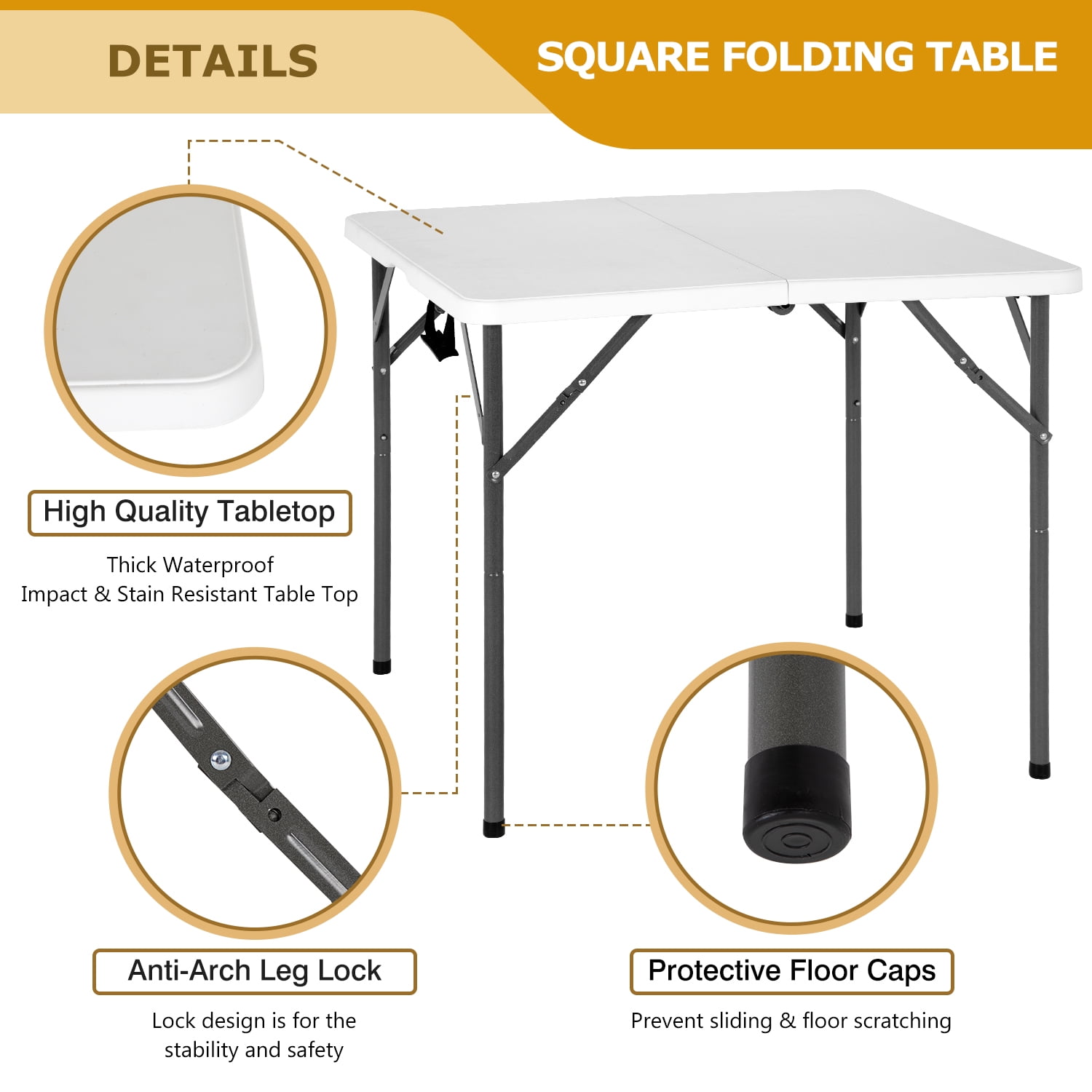 34" Small Folding Table Square Foldable Table Party Table with Handle Plastic Table Mesa Plegable Collapsible Dinning Table for Indoor& Outdoor,Easy to Use and Carry, White