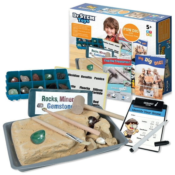 Dr. STEM: Discovery Dig - 21pc Rock-Mineral-Gemstone Digging Set, Collectible Stones, Excavation Tools, Activity Booklet, STEM Science Toy, Kids 5 