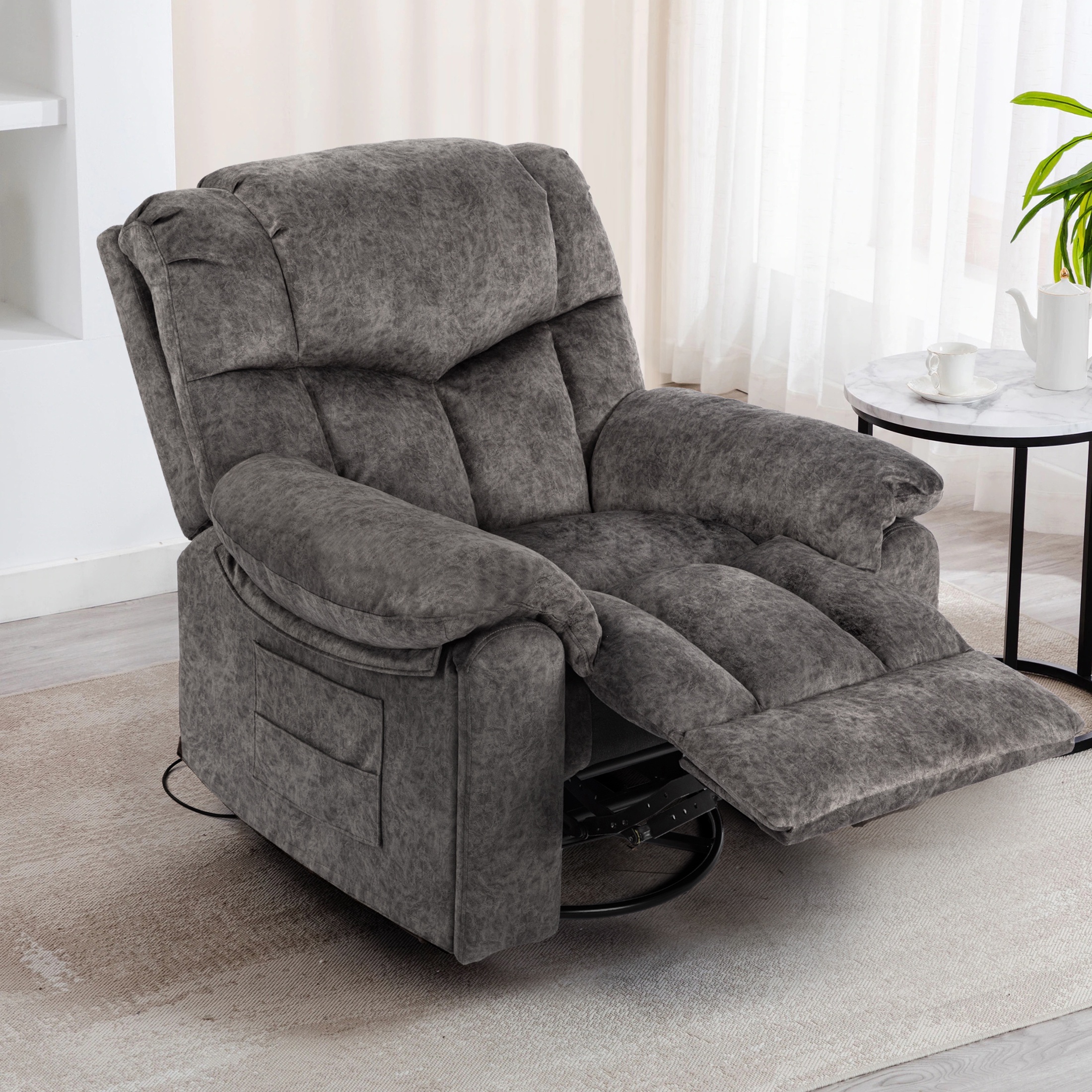 24" Width Swivel Recliner Chair, HSUNNS Rocker Reclining Chair with Massage and Heat Function, USB Port, Cup Holders and Pockets, Living Room Single Sofa Nursery Lounge Chair, Light Gray