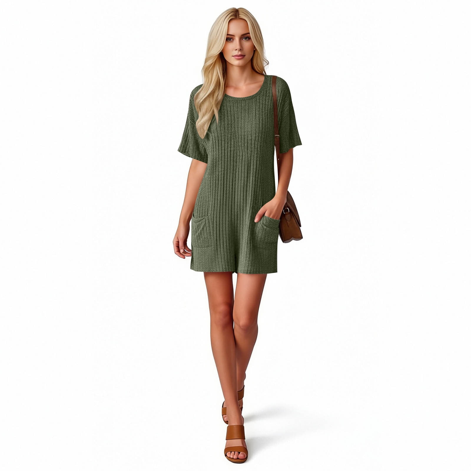 Dazajoo Womens Short Sleeve Romper One Piece Ribbed Knit Crewneck Shorts Rompers with Pockets Summer Beach Outfits,Army Green,XXL