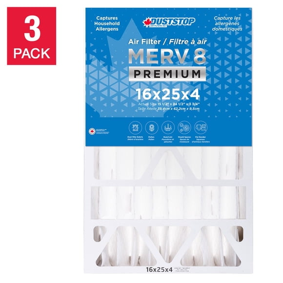 Duststop MERV 8 Premium Pleated Furnace Filter, 3-pack 16 x 25 x 4